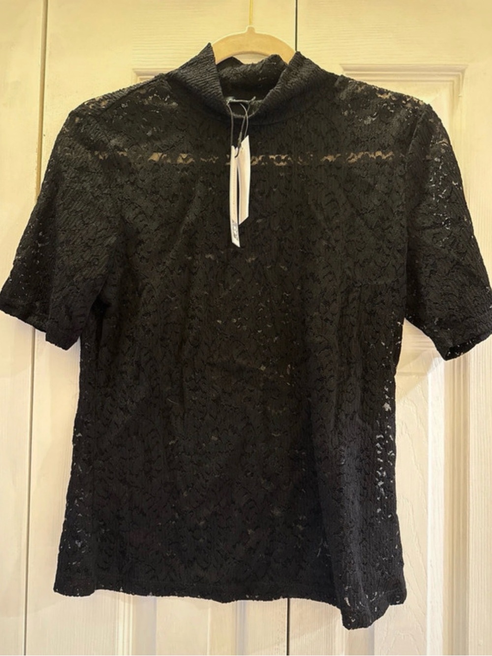 Sanctuary Black Lace Short Sleeve Mockneck Top
